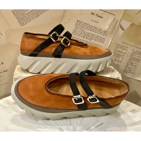 Free People 4CCCCEES Tura Mary Janes Platform Shoe Tan Gold Suede Black - Picture 10 of 12